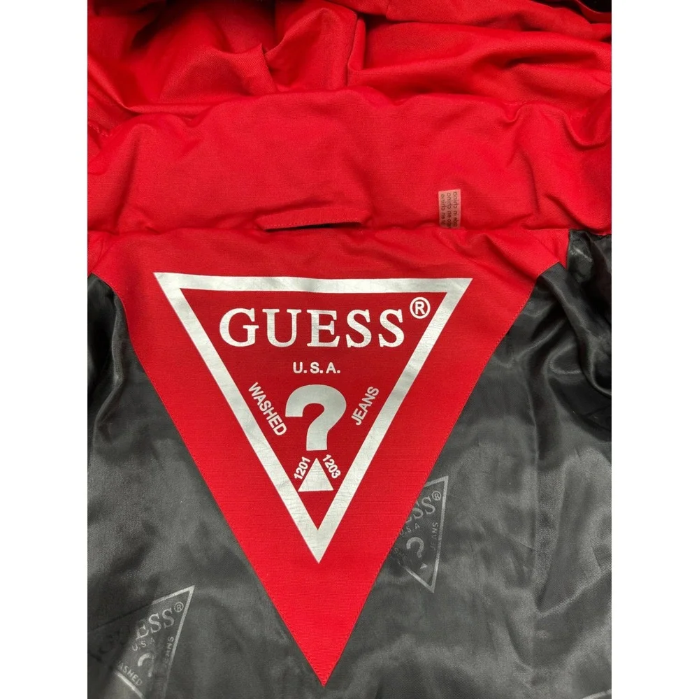 Guess Womens Red Quilted Puffer Jacket Faux Fur Hood Small 22LMP804